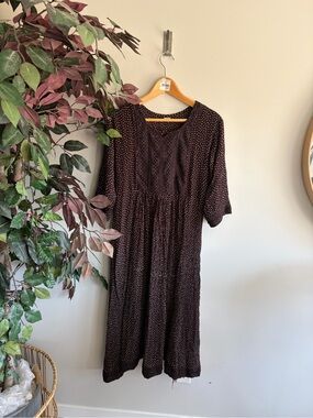 Sharif Brown Midi Dress with Cream Polka Dots and Lace Yoke